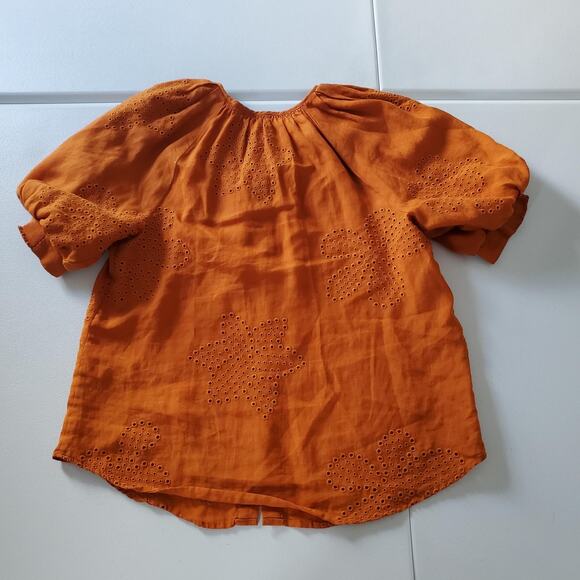Chico's Shirt Womens Medium Orange Eyelet Floral Button Front Puff Sleeve Boho - Picture 2 of 8